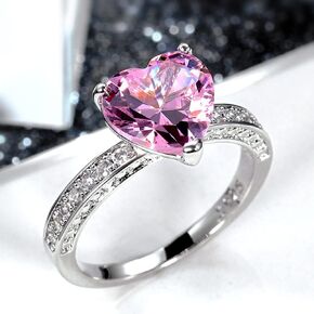 925 Sterling Silver Pink Quartz Love Heart CZ Crystal Engagement Wedding Rings for Women