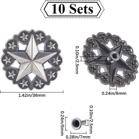 GORGECRAFT 1 Box 10 Sets Star Screw Back Buttons with Rivets 1.42" Pentagram Shape Antique Silver Metal Carving Conchos Castings Decorative Leather Ornament Fastener for Wallets Belts Vests Bags Craft in Saudi Arabia