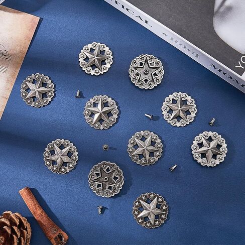 GORGECRAFT 1 Box 10 Sets Star Screw Back Buttons with Rivets 1.42" Pentagram Shape Antique Silver Metal Carving Conchos Castings Decorative Leather Ornament Fastener for Wallets Belts Vests Bags Craft in Saudi Arabia