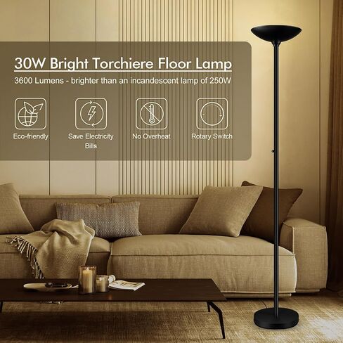 30W Torchiere Floor Lamp - 3600LM Super Bright LED Floor Lamp, 71 Inch Stepless Dimmable Standing Lamp with 3000K Lighting, Rotary Switch, Tall Metal Torch Floor lamps for Living Room/Bedroom (Black) in Saudi Arabia