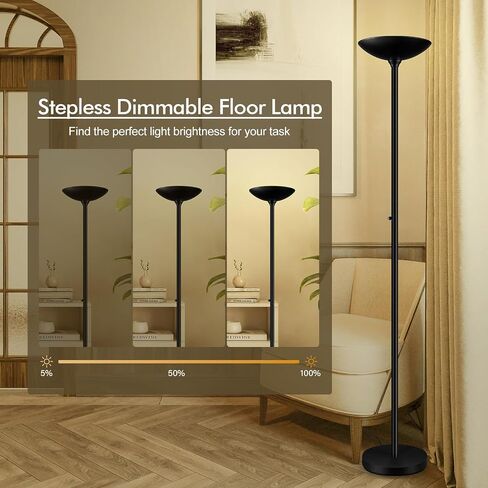 30W Torchiere Floor Lamp - 3600LM Super Bright LED Floor Lamp, 71 Inch Stepless Dimmable Standing Lamp with 3000K Lighting, Rotary Switch, Tall Metal Torch Floor lamps for Living Room/Bedroom (Black) in Saudi Arabia