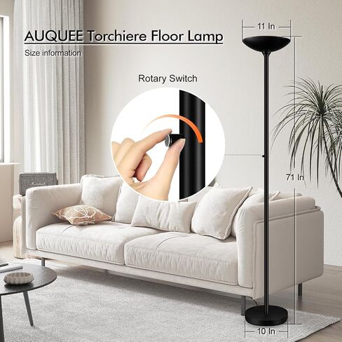 30W Torchiere Floor Lamp - 3600LM Super Bright LED Floor Lamp, 71 Inch Stepless Dimmable Standing Lamp with 3000K Lighting, Rotary Switch, Tall Metal Torch Floor lamps for Living Room/Bedroom (Black) in Saudi Arabia