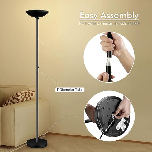 30W Torchiere Floor Lamp - 3600LM Super Bright LED Floor Lamp, 71 Inch Stepless Dimmable Standing Lamp with 3000K Lighting, Rotary Switch, Tall Metal Torch Floor lamps for Living Room/Bedroom (Black) in Saudi Arabia