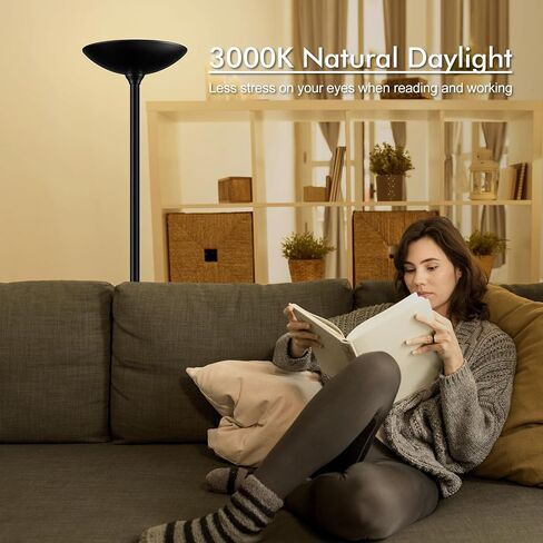 30W Torchiere Floor Lamp - 3600LM Super Bright LED Floor Lamp, 71 Inch Stepless Dimmable Standing Lamp with 3000K Lighting, Rotary Switch, Tall Metal Torch Floor lamps for Living Room/Bedroom (Black) in Saudi Arabia