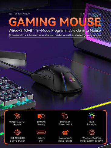 Wireless Gaming Mouse, 4000 DPI, USB C Rechargeable, Ergonomic Responsive Bluetooth Mice with Forward/Backward Side Keys, for Computer/Laptop (White) in Kuwait