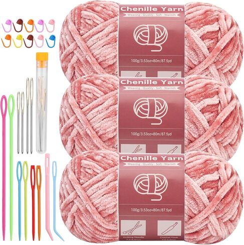 Chenille Yarn for Crocheting Knitting, 3 Skein 263 Yard Thick Soft Chunky Fluffy Weaving Plush Yarn for Blankets Clothes Pattern Creations with Big Eye Needles (Peach Pink) in Saudi Arabia