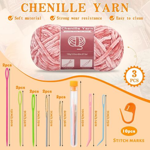 Chenille Yarn for Crocheting Knitting, 3 Skein 263 Yard Thick Soft Chunky Fluffy Weaving Plush Yarn for Blankets Clothes Pattern Creations with Big Eye Needles (Peach Pink) in Saudi Arabia