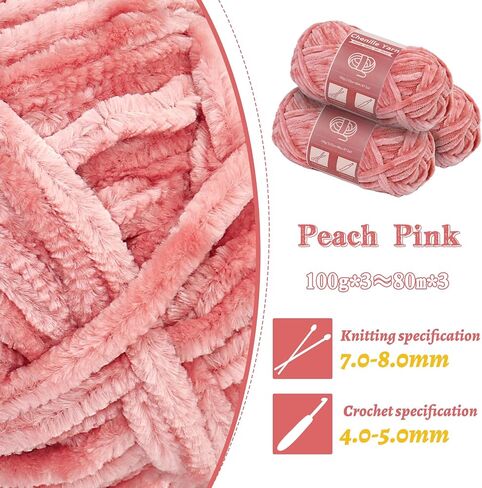 Chenille Yarn for Crocheting Knitting, 3 Skein 263 Yard Thick Soft Chunky Fluffy Weaving Plush Yarn for Blankets Clothes Pattern Creations with Big Eye Needles (Peach Pink) in Saudi Arabia