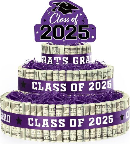 2025 هدايا التخرج لفئة 2025 زخارف الحفلات ، 3 طبقات ، تهانينا الأزرق الكعكة المملوءة بالمال النقدي للتخرج من المدرسة الثانوية. in Kuwait