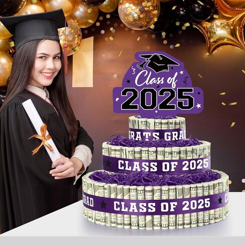 2025 هدايا التخرج لفئة 2025 زخارف الحفلات ، 3 طبقات ، تهانينا الأزرق الكعكة المملوءة بالمال النقدي للتخرج من المدرسة الثانوية. in Kuwait