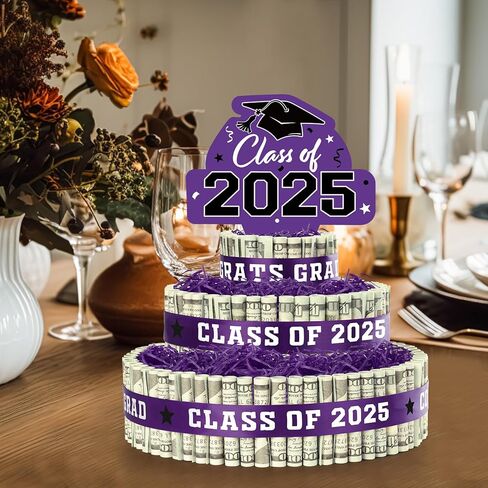 2025 هدايا التخرج لفئة 2025 زخارف الحفلات ، 3 طبقات ، تهانينا الأزرق الكعكة المملوءة بالمال النقدي للتخرج من المدرسة الثانوية. in Kuwait