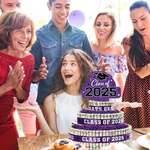 2025 هدايا التخرج لفئة 2025 زخارف الحفلات ، 3 طبقات ، تهانينا الأزرق الكعكة المملوءة بالمال النقدي للتخرج من المدرسة الثانوية. in Kuwait