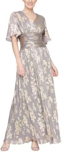 S.L. Fashions Women's Long A-line Mother of The Bride Dress with Ruched Waist (Petite and Regular Sizes), Black Silver in Saudi Arabia