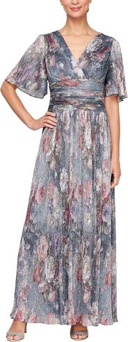 S.L. Fashions Women's Long A-line Mother of The Bride Dress with Ruched Waist (Petite and Regular Sizes), Black Silver in Saudi Arabia