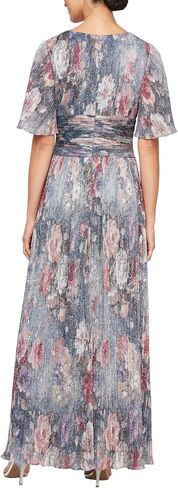 S.L. Fashions Women's Long A-line Mother of The Bride Dress with Ruched Waist (Petite and Regular Sizes), Black Silver in Saudi Arabia