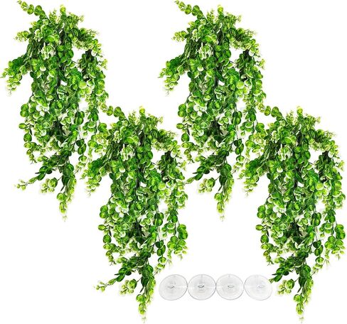 Hamiledyi 4 PCS Hanging Fake Plants for Reptiles, Fake Reptile Plants for Reptiles Tank with Suction Cup, Reptile Plants Jungle Hanging Vines for Bearded Dragon Tank (Green and White) in Saudi Arabia