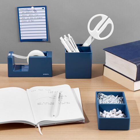 Poppin Pen Holder with 2 Compartments - Sturdy Plastic Pen Holder for Desk, Lacquer-like Finish, Writing Instrument Desk Organizer, Coordinating Office Desk Accessories (White) in Kuwait