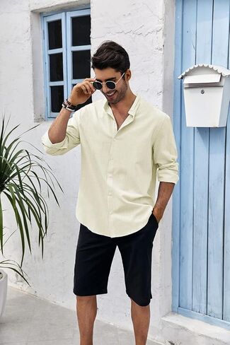 Makkrom Men Linen Shirt Button Down Long Sleeve Cotton Beach Band Collar Casual Summer Shirts in Kuwait