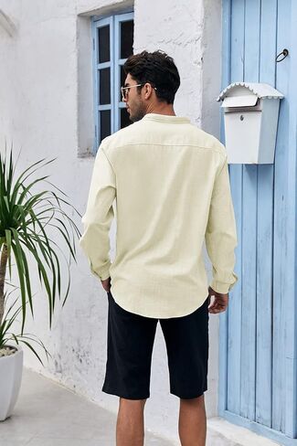 Makkrom Men Linen Shirt Button Down Long Sleeve Cotton Beach Band Collar Casual Summer Shirts in Kuwait