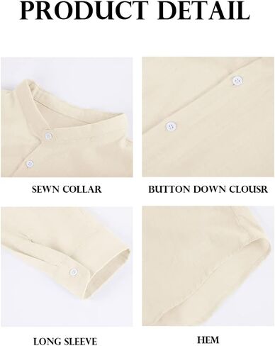 Makkrom Men Linen Shirt Button Down Long Sleeve Cotton Beach Band Collar Casual Summer Shirts in Kuwait