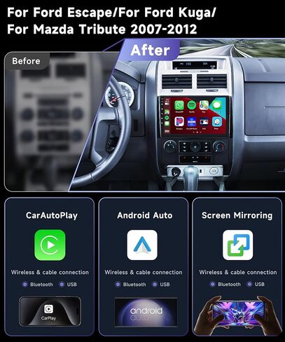 راديو سيارة 2G+64G لسيارة Ford Escape/Kuga/Mazda Tribute 2007-2012 ستيريو مع CarPlay اللاسلكي، Android Auto، شاشة لمس IPS عالية الدقة 9 بوصة، GPS، بلوتوث، WiFi، HiFi/16 EQ، MirrorLink وكاميرا احتياطية in Kuwait