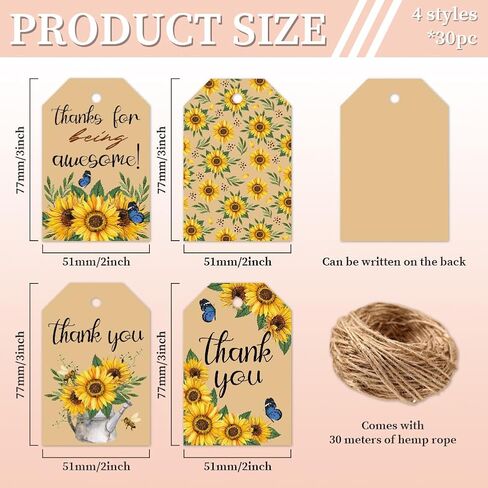 CHGCRAFT 120 PCS Gift Tags Sunflower Kraft Paper Gift Tags with String 3x2in Thank You Present Labels for Gifts for Women's Day Wedding Holiday Birthday Party Decoration in Saudi Arabia