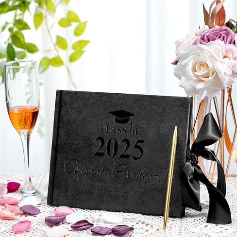 لوحة ضيف التخرج من Paneee مع Pen Velvet Black Graduation Book Bow Design 2025 التخرج ضيف علامة في كتاب ذاكرة ضيف دفتر لهدايا التخرج من الكلية العالية ، 7 × 9 بوصة in Kuwait