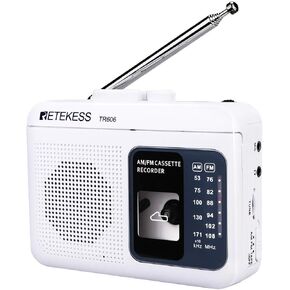 Retekess TR606 Tape Recorder Cassette Player, AM FM Cassette Players Walkman, Supports Voice/AUX Line in Record, Powered by DC or AA Battery (White)