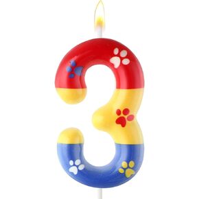 Paw Print Birthday Cake Topper, Birthday Decorations，Cake Decorations，Red Yellow Blue Candle Birthday Candle for Boys Girls Kids，Cupcake Toppers (Number-3)