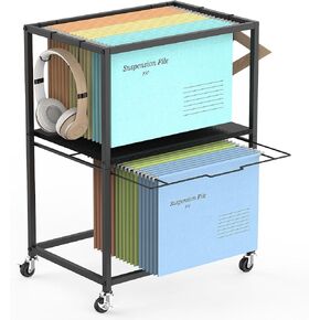 YBING Rolling File Cart, Mobile File Cabinet, File Folder Rack Holders, 2 Tiers, Pull-Out Letter and Legal Size, File Folder Organizer with Wheels for Hanging Files, Home, Office, Black
