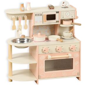 Wooden Kitchen Playset for Kids Ages 3-8, Pretend Play Kitchen for Toddlers with Realistic Design, Cooking Accessories, Coffee Maker, Oven, Microwave, Sink - Small