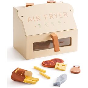 ROBOTIME Wooden Toy Air Fryer for Kids, Play Kitchen Accessories, Wooden Kitchen Play Food Set, Pretend Cooking Toys for Toddlers Kitchen Set, Role Play Gift for Boys & Girls