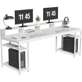 LITTLE TREE 2-Person Desk with 4 Storage Shelves, 78.74" Extra Long Double Computer Desk with Monitor Stand, Large Dual Workstation Gaming Table for Home Office, 350 lb Capacity, White