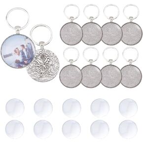 Dicosmetic 10 مجموعات Cabochon Keychain Blanks Keychain Bendant Tray 35mm Platinum Alloy Diy Keyring Making Kit مع النحت الوردي لصنع سلسلة المفاتيح الشخصية