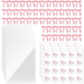 100 PCS BOW ملصقات و 50 أقواس وردية صغيرة للحرف اليدوية ، مع 50 كيس حزمة ، ملصق أقواس الشريط الوردي لالتفافح أكياس مخبز الحلوى الهدية