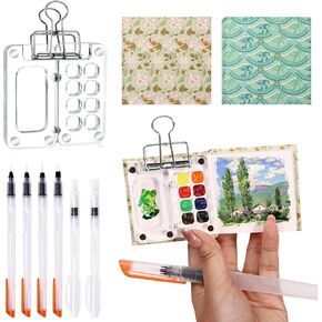 مجموعة لوحة الطلاء Mini Travel Paint ، 12 PCS محمولة ألوان مائية كيت مخطط لوحة رسم مع مقاطع الموثق أكريليك 8 الشبكة مربع الطلاء فرش للرسامين الفنانين