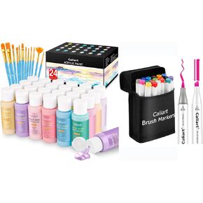 Caliart 24 Colors Pastel Acrylic Paint Set with 12 Brushes, 18 Colors Brush & Chisel Double Tip Alcohol Art Markers, Drawing Pens Permanent Markers Mothers Day Gift for Mom Kids Art
