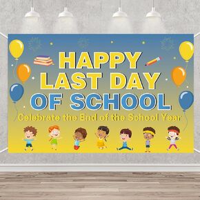 Happy Last Day of School Banner - 70.87 × 45.3 بوصة من زخارف نهاية العام الدراسي - اليوم الملون في اليوم الأخير من خلفية المدرسة مع الأطفال والبالونات الممتعة - مثالية للاحتفالات المدرسية وحفلة نهاية العام وفعاليات التخرج