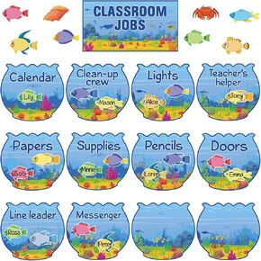 Qyeahkj 122 Ocean تحت عنوان الوظائف الفصول الدراسية نشرة Board Sea Animal Classroom Jobs Set Fishbowl Fish Paper Clusouts Teacher's Helper Classroom Board Board Wall Supplies for Back to School