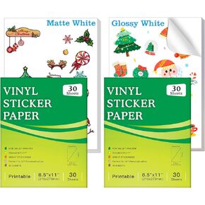 Premium Printable Vinyl Sticker Paper for Inkjet Printer - 30 Sheets Glossy White + 30 Sheets Matte White, Waterproof Sticker Paper, Dries Quickly Vivid Colors, Holds Ink well,Tear Resistant
