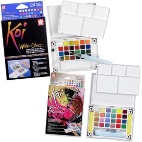 SAKURA Koi Pocket Field Sketch Kit - Watercolor Sets - 24 Colors - Brush - Sponge - Palette & Watercolor Sets - 24 Colors - Brush - 2 Sponges - Palette