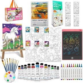 48 pcs مجموعة طلاء أكريليك للأطفال مع 12 دهانات أكريليك ، 12 علامة ، 10 فرش الطلاء ، 6 حيوانات قماش ، وزير الخشب ، قرص الكتابة ، لوحة الطلاء ، لوحة بلاستيكية للأطفال كهدية عيد الميلاد
