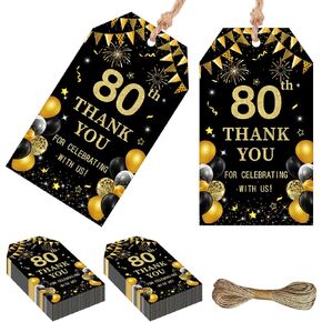 عيد ميلاد Serencatcher Black and Gold 80th Thank You Tags - 50pcs شكرًا لك على الاحتفال معنا لصالح علامات الهدايا مع سلسلة 1.9x3.5 بوصة للرجال.