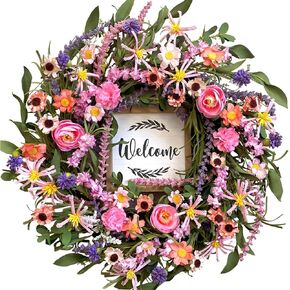 idyllic Artificial Flower Wreath for Front Door, 20’’ Pink Floral Wreath Spring and Summer Wreath Wreath for Farmhouse Home Wall Wedding Festival Farmhouse Holiday Decor