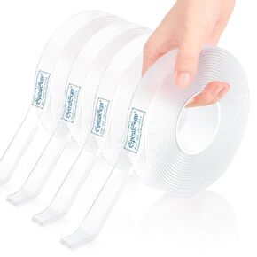 Double Sided Tape Heavy Duty (4-Pack, 0.5in*16.4ft) – Strong Adhesive for Wall Hanging, Photos, Carpets, Washable, Reusable, Non-Marking, Clear Mounting Tape