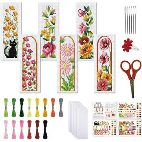 FREEBLOSS 6 Set Cross Stitch Bookmark Kit Stamped Cross Stitch Kit Pink Flowers Embroidery Set with Instruction for Adults 8''x2.4''