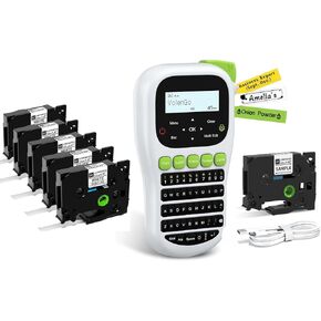 Label Maker Machine with Tape, H1100 Label Maker Handheld Labeler with Backlit LCD One-Touch Key, 3B21Z Label Maker Tape 12mm 0.47 Laminated Black on White TZ Tape, 5PK