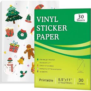 Premium Printable Vinyl Sticker Paper for Inkjet Printers, 30 Sheets Glossy White 8.5x11" Waterproof Sticker Paper - Vivid Colors, Fast Drying - Ink Well Great
