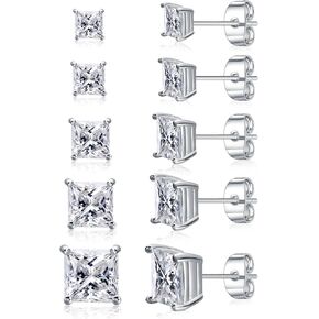GEMSME 18K Gold Plated Princess Cut Clear Cubic Zirconia Stud Earrings Pack of 5 (white gold)