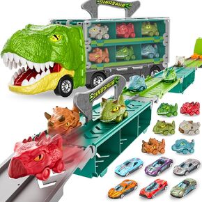13 in 1 Dinosaur Truck toys for Ages 3 4 5 Year Old Boy Birthday Gift Idea, 2 Player Mode, Transport Carrier Toddler Toys for Kids, 63 Inch Foldable Race Track with 6 Dino Cars & 6 Die-cast Car